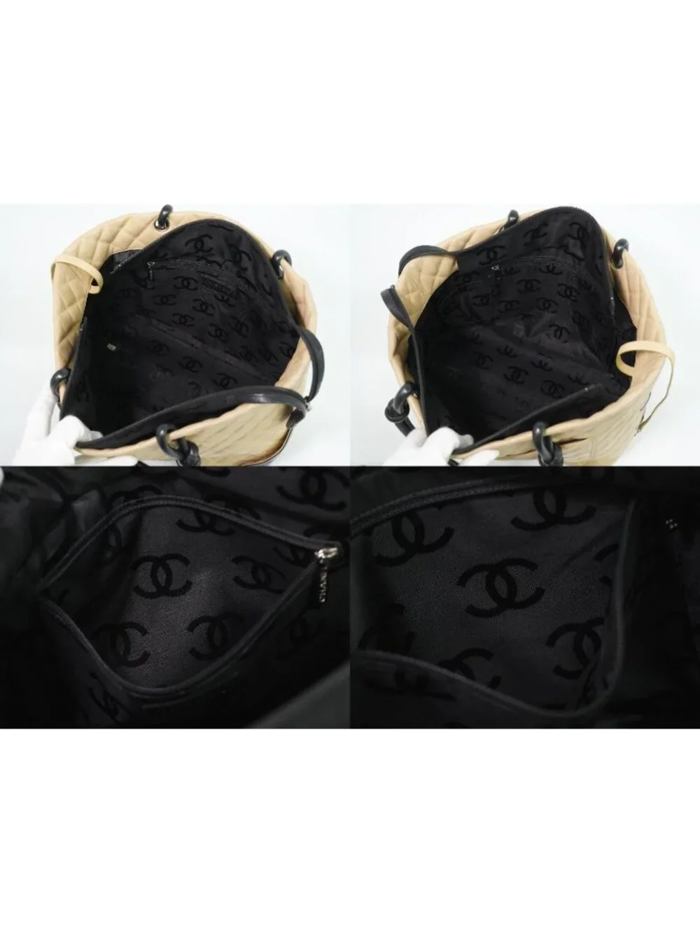 Chanel CC Logo Cambon Line Shoulder Bag Tote Leather Beige Vintage